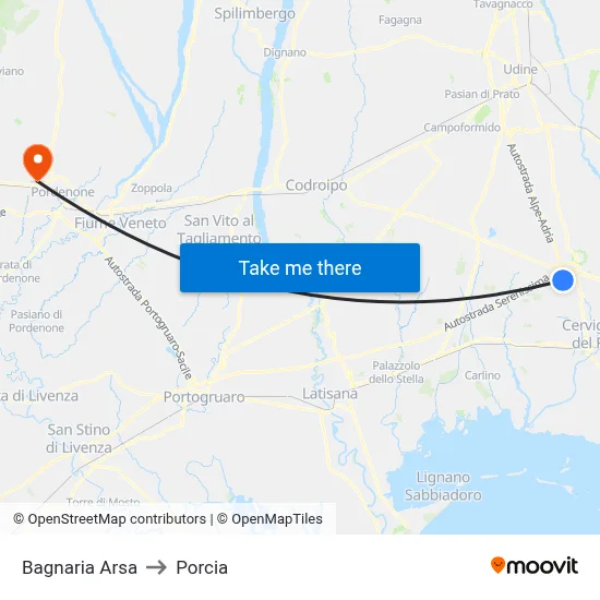 Bagnaria Arsa to Porcia map