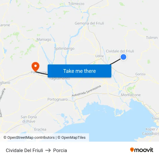 Cividale del Friuli to Porcia map