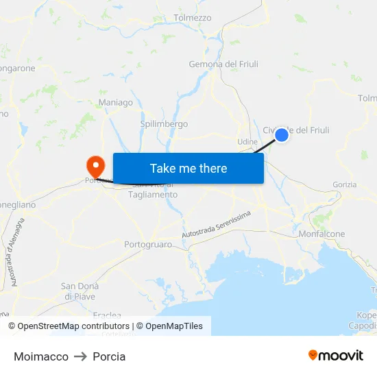 Moimacco to Porcia map