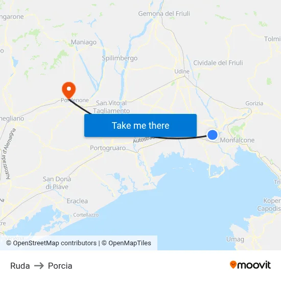 Ruda to Porcia map