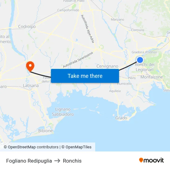 Fogliano Redipuglia to Ronchis map