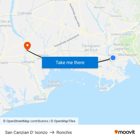San Canzian D' Isonzo to Ronchis map