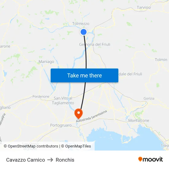 Cavazzo Carnico to Ronchis map