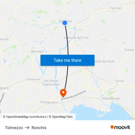 Tolmezzo to Ronchis map