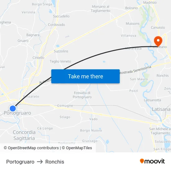 Portogruaro to Ronchis map