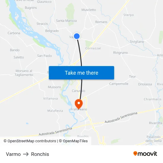 Varmo to Ronchis map
