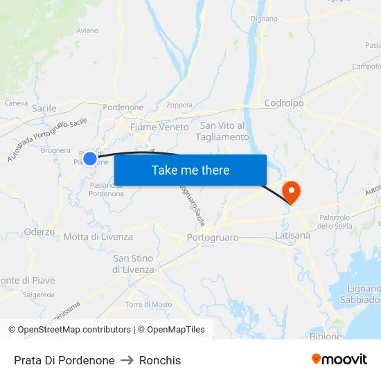 Prata Di Pordenone to Ronchis map