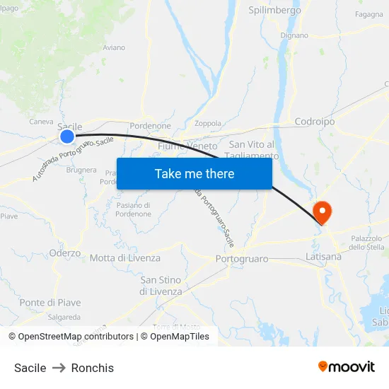 Sacile to Ronchis map