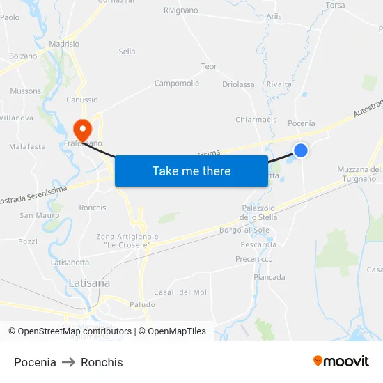 Pocenia to Ronchis map