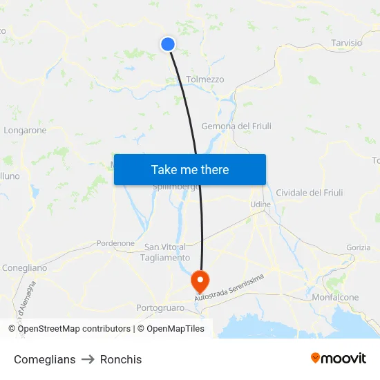 Comeglians to Ronchis map