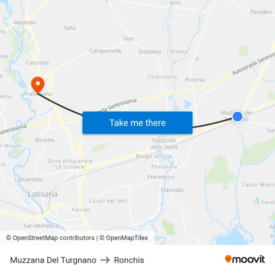 Muzzana del Turgnano to Ronchis map
