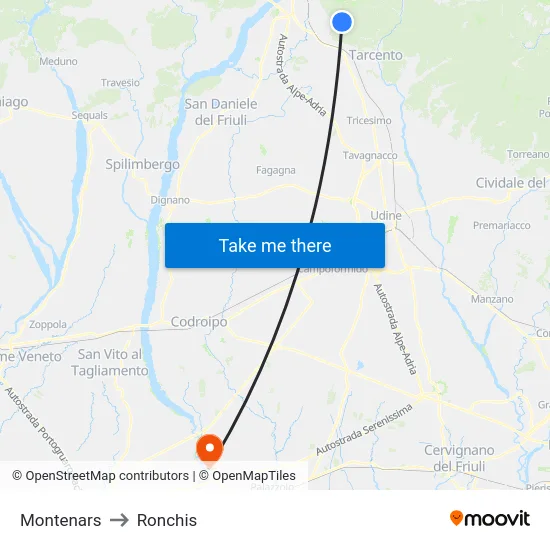 Montenars to Ronchis map