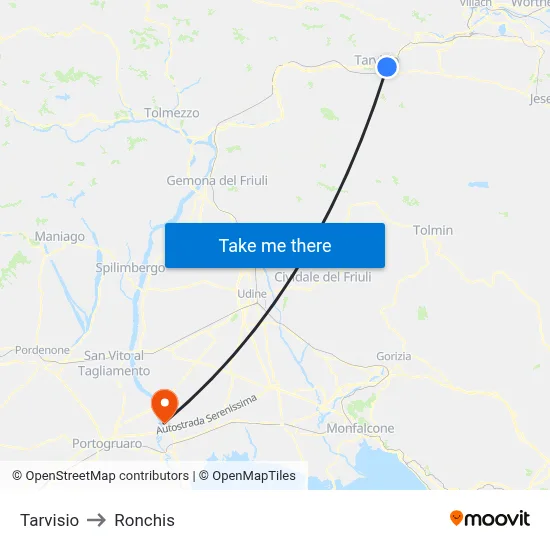 Tarvisio to Ronchis map