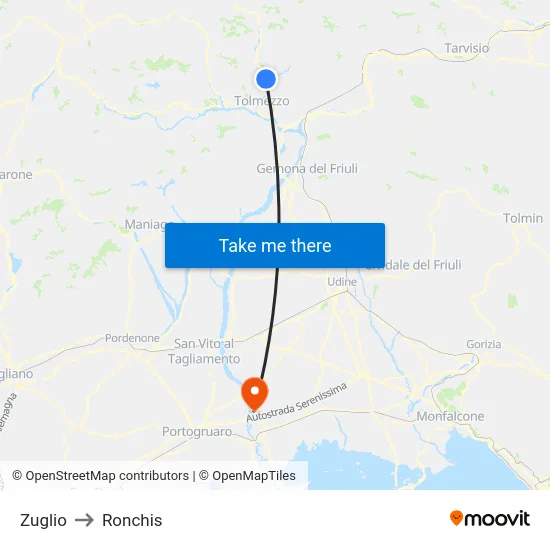 Zuglio to Ronchis map