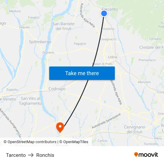 Tarcento to Ronchis map