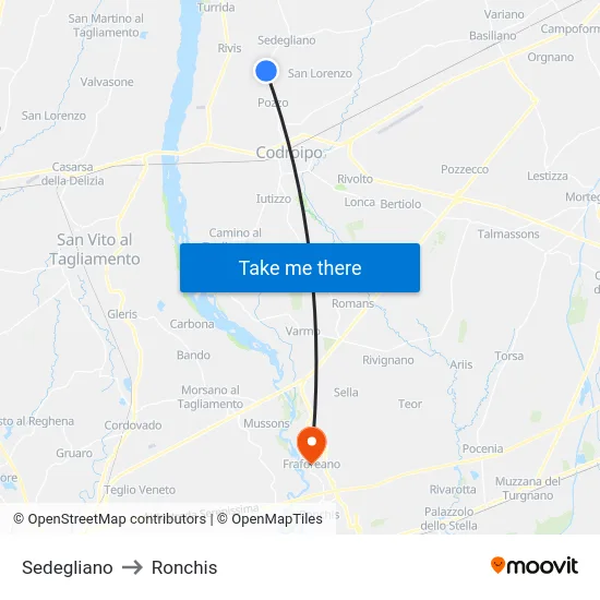 Sedegliano to Ronchis map