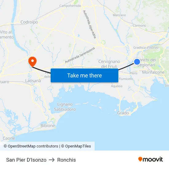 San Pier D'Isonzo to Ronchis map