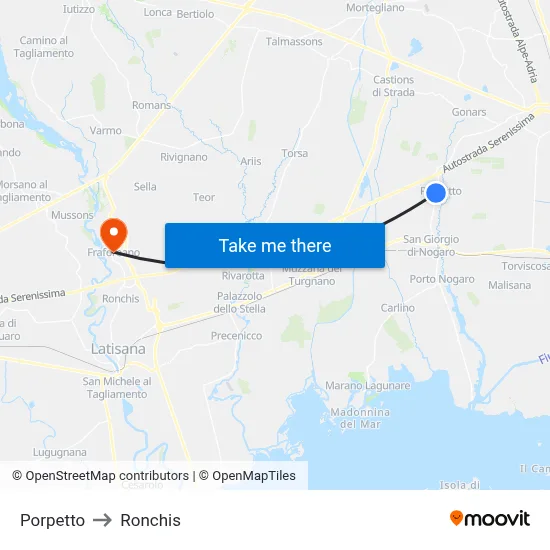 Porpetto to Ronchis map