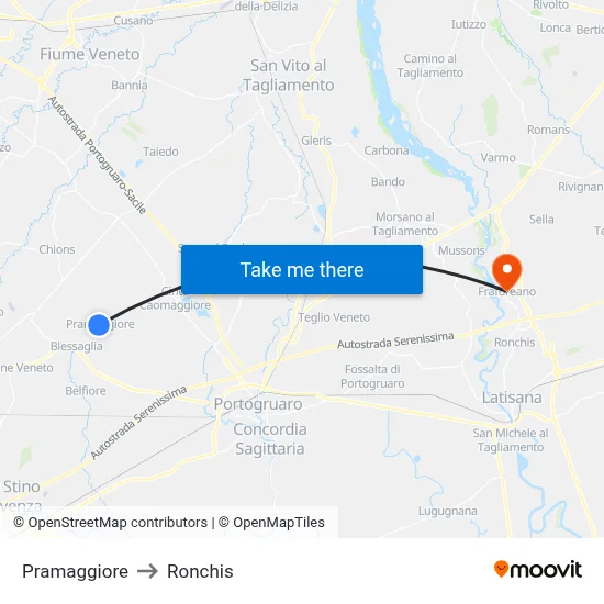 Pramaggiore to Ronchis map