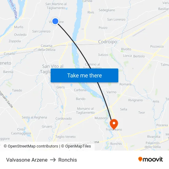 Valvasone Arzene to Ronchis map