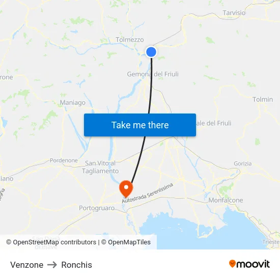 Venzone to Ronchis map