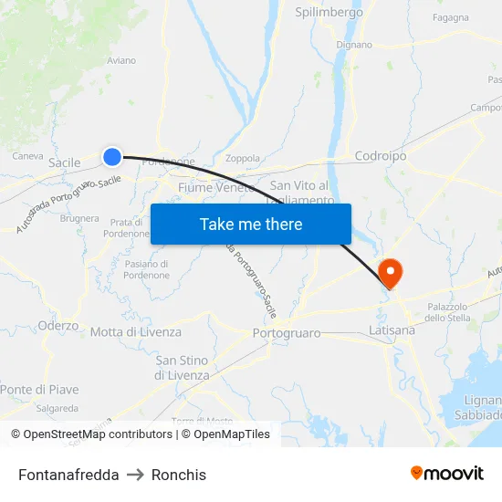 Fontanafredda to Ronchis map