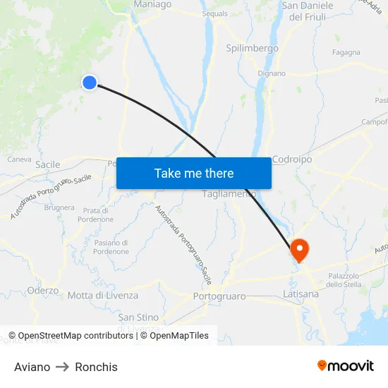 Aviano to Ronchis map