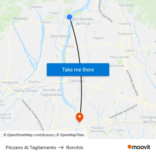 Pinzano Al Tagliamento to Ronchis map