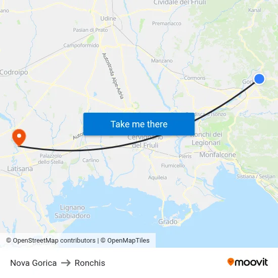 Nova Gorica to Ronchis map
