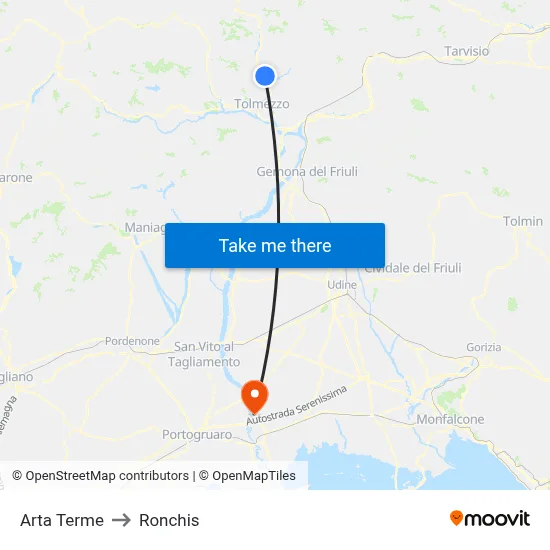 Arta Terme to Ronchis map