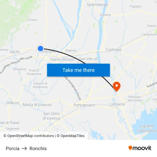 Porcia to Ronchis map
