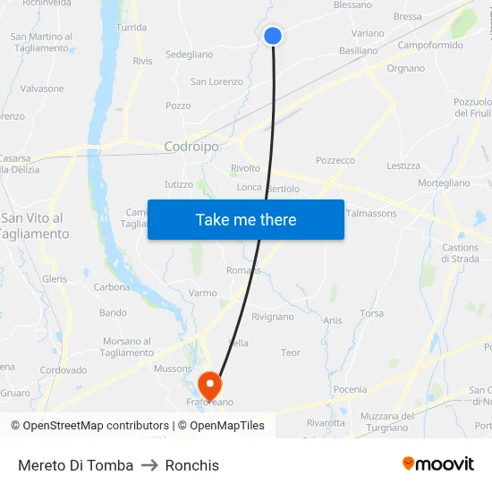 Mereto di Tomba to Ronchis map