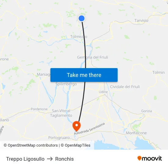 Treppo Ligosullo to Ronchis map