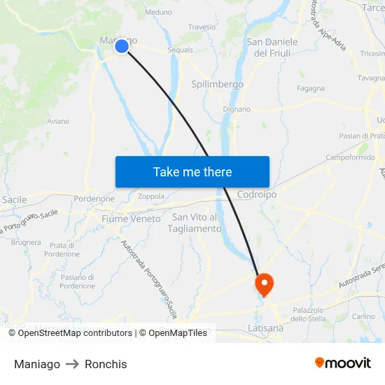 Maniago to Ronchis map