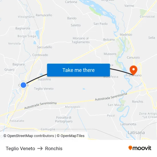 Teglio Veneto to Ronchis map