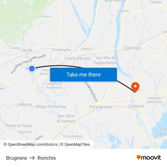 Brugnera to Ronchis map