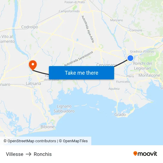 Villesse to Ronchis map