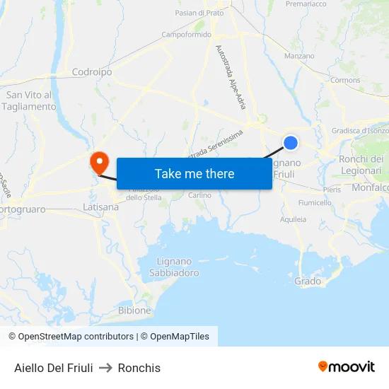 Aiello Del Friuli to Ronchis map