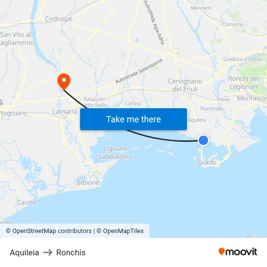 Aquileia to Ronchis map