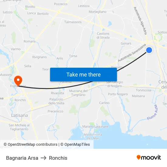 Bagnaria Arsa to Ronchis map