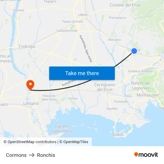 Cormons to Ronchis map