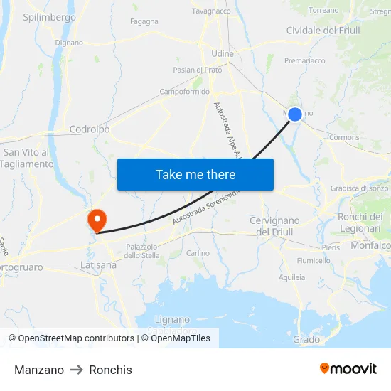 Manzano to Ronchis map