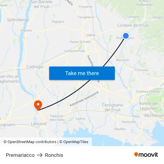 Premariacco to Ronchis map