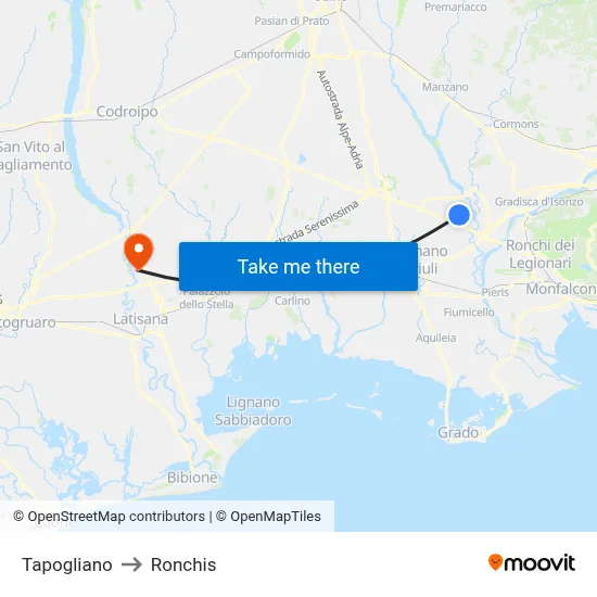 Tapogliano to Ronchis map
