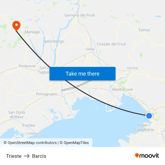 Trieste to Barcis map