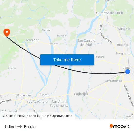 Udine to Barcis map