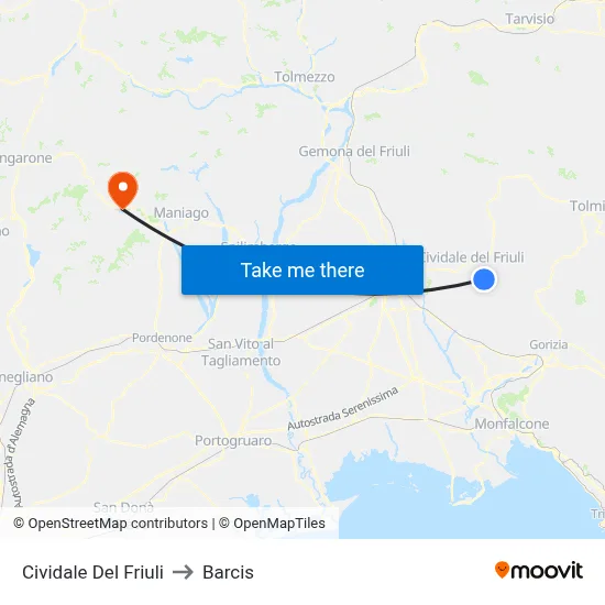 Cividale del Friuli to Barcis map
