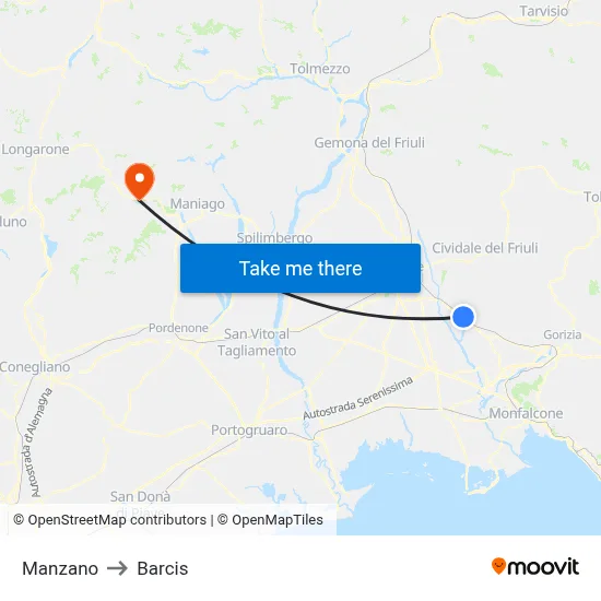 Manzano to Barcis map