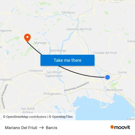 Mariano del Friuli to Barcis map