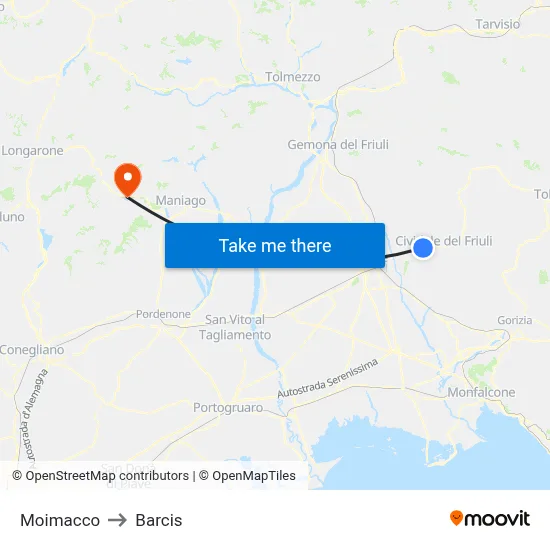 Moimacco to Barcis map